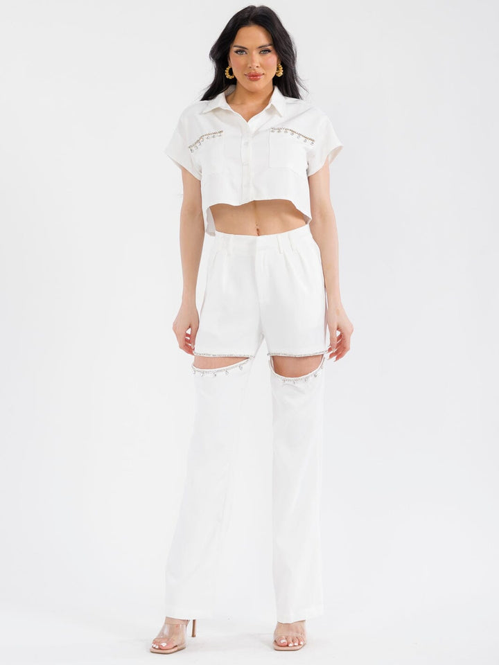 WOMEN'S BUTTON CLOSURE POCKETS STUDS CUT OUT STRAIGHT LEG PANTS