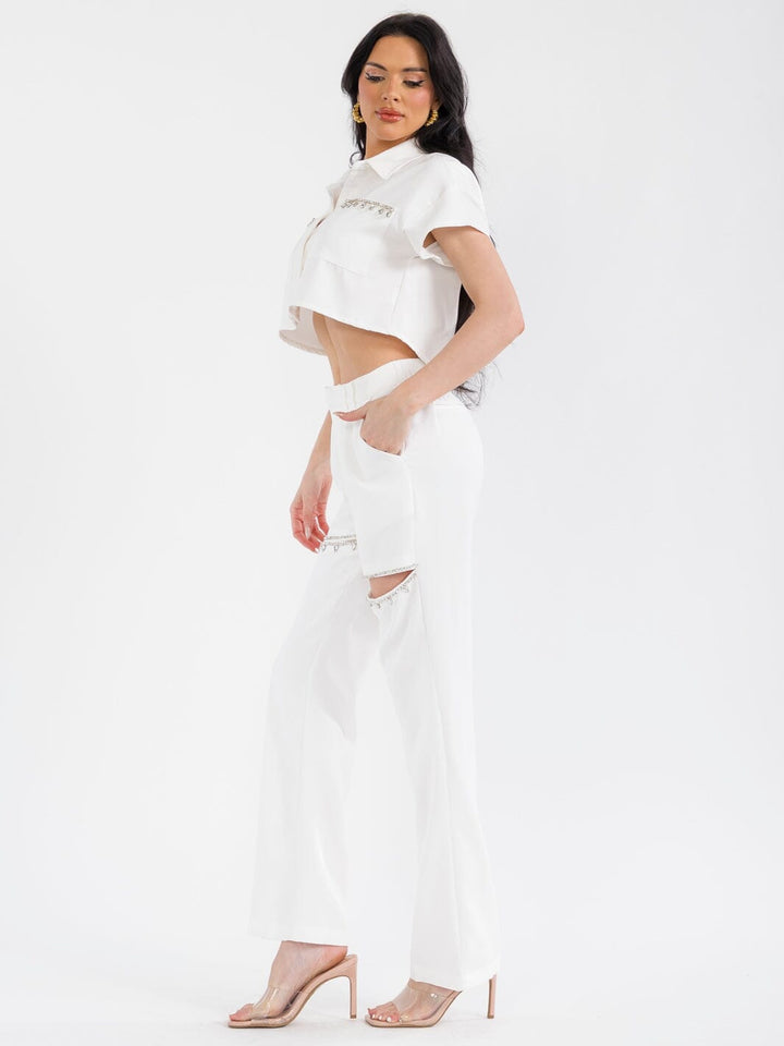 WOMEN'S BUTTON CLOSURE POCKETS STUDS CUT OUT STRAIGHT LEG PANTS