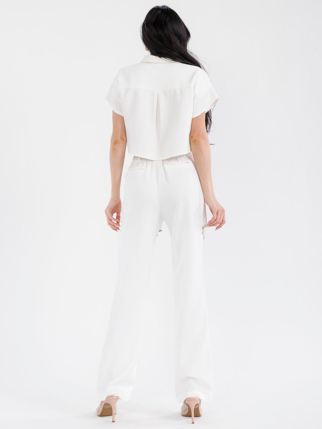 WOMEN'S BUTTON CLOSURE POCKETS STUDS CUT OUT STRAIGHT LEG PANTS