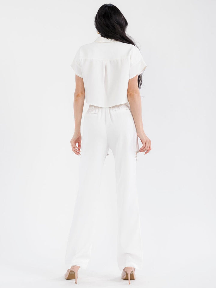 WOMEN'S BUTTON CLOSURE POCKETS STUDS CUT OUT STRAIGHT LEG PANTS