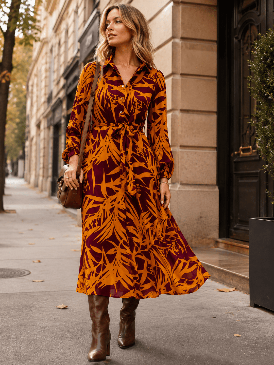 ENTRO WOMEN'S LONG SLEEVE FRONT POCKETS SELF TIE MULTI PRINT MAXI DRESS