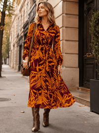 ENTRO WOMEN'S LONG SLEEVE FRONT POCKETS SELF TIE MULTI PRINT MAXI DRESS