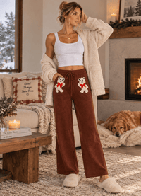 WOMEN'S ELASTIC WAIST SELF TIE GRAPHIC WIDE LEG KNIT PANTS