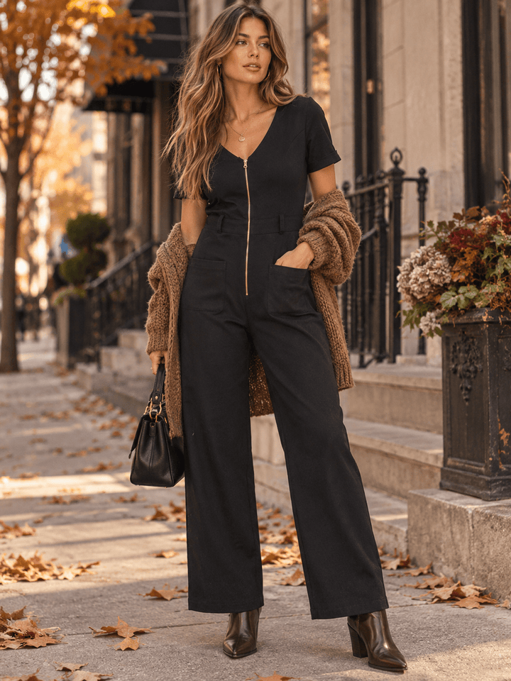WOMEN'S SHORT SLEEVE V-NECK ZIP UP FRONT POCKETS WIDE LEG STRETCH DENIM JUMPSUIT