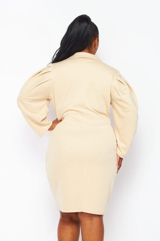 PLUS SIZE 3/4 PUFF SLEEVE BUTTON CLOSURE WRAP MINI DRESS