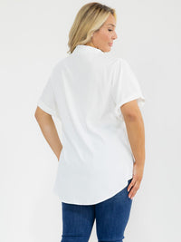 PLUS SIZE SHORT SLEEVE BUTTON UP FRONT POCKETS HIGH-LOW STUDS BLOUSE
