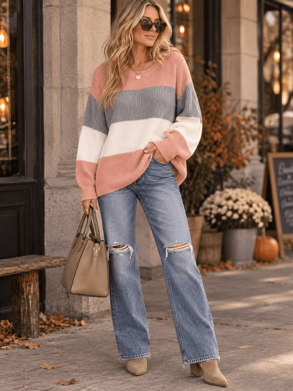 WOMEN'S LONG SLEEVE KNIT COLORBLOCK PULLOVER SWEATER