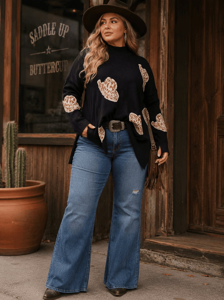 PLUS SIZE LONG SLEEVE MOCK NECK GRAPHIC PULLOVER OVERSIZED SWEATER