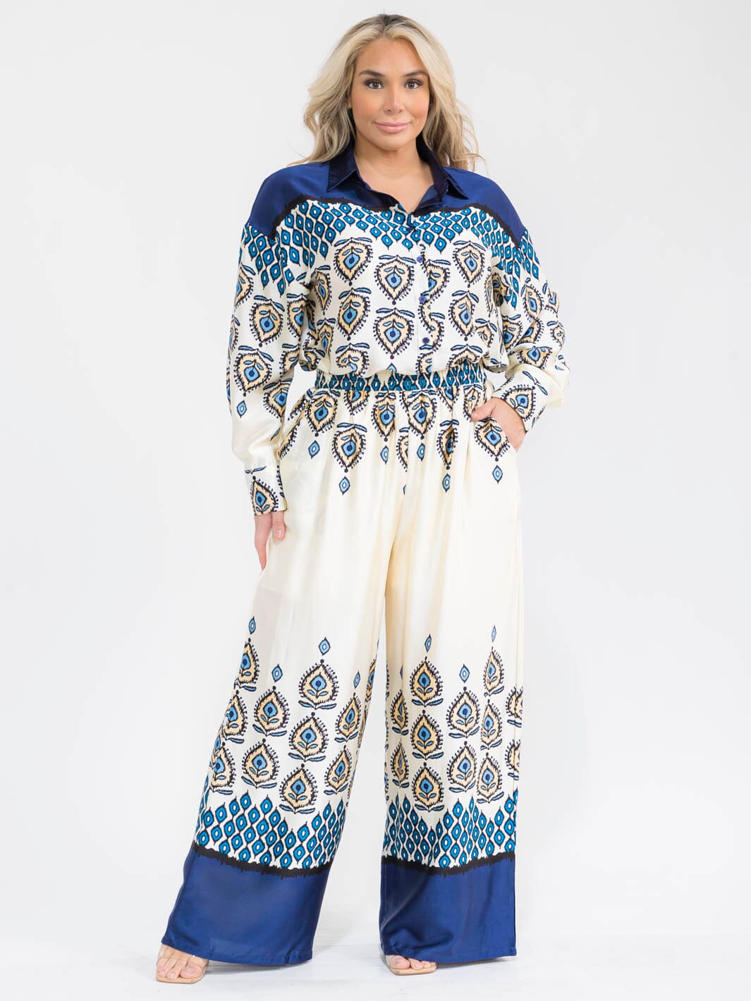 PLUS SIZE LONG SLEEVE BLOUSE & ELASTIC WAIST PANTS MULTI PRINT 2PC. SET