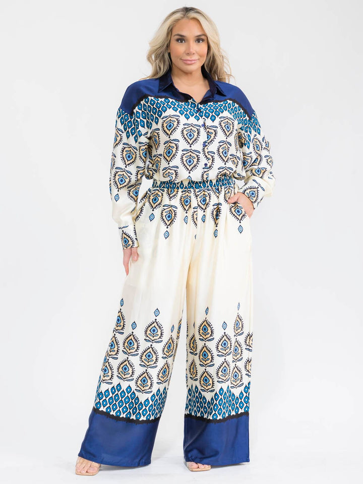 PLUS SIZE LONG SLEEVE BLOUSE & ELASTIC WAIST PANTS MULTI PRINT 2PC. SET
