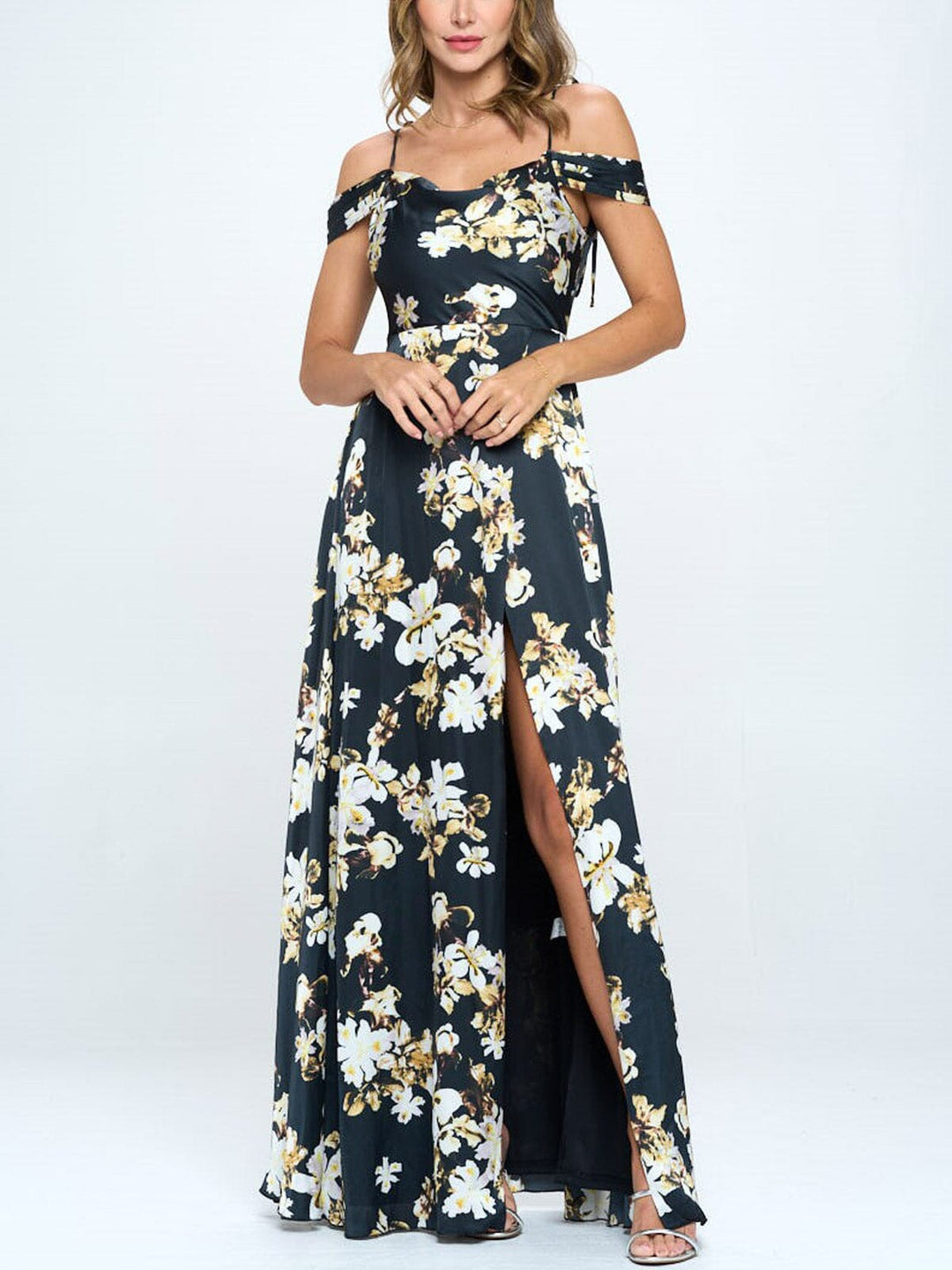 WOMEN'S COLD SHOULDER RUFFLE FLORAL MAXI DRESS