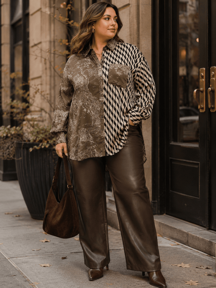 ENTRO PLUS SIZE LONG SLEEVE BUTTON UP FRONT POCKET HIGH-LOW MULTI PRINT BLOUSE