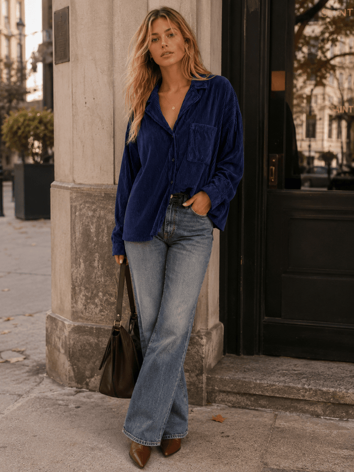 WOMEN'S LONG SLEEVE BUTTON UP FRONT POCKET RIBBED BLOUSE