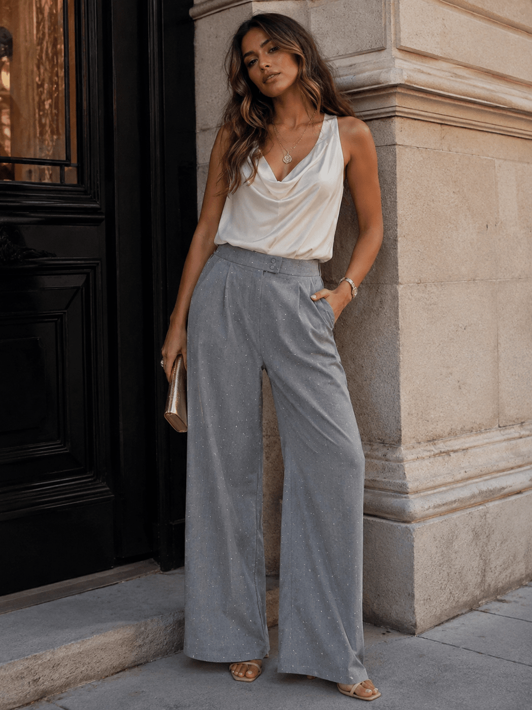 WOMEN'S ELASTIC WAIST BUTTON CLOSURE FRONT POCKETS WIDE LEG RHINESTONES PANTS