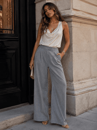 WOMEN'S ELASTIC WAIST BUTTON CLOSURE FRONT POCKETS WIDE LEG RHINESTONES PANTS
