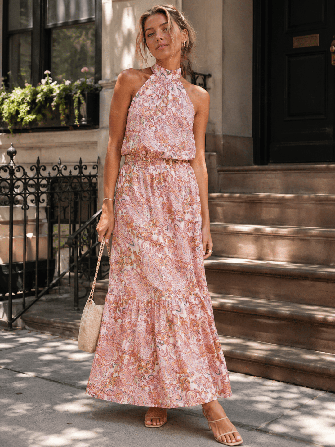 WOMEN'S SLEEVELESS HALTER NECK SMOCK WAIST PAISLEY PRINT MAXI DRESS