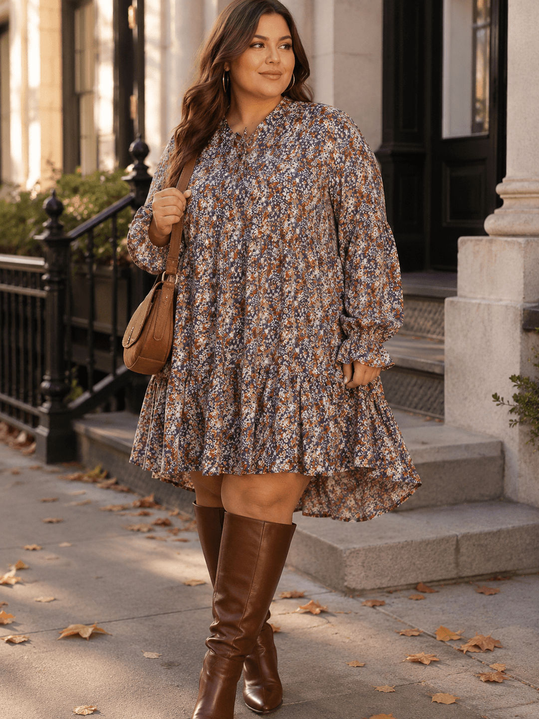 PLUS SIZE LONG SLEEVE FLORAL TIERED LOOSE FIT MINI DRESS