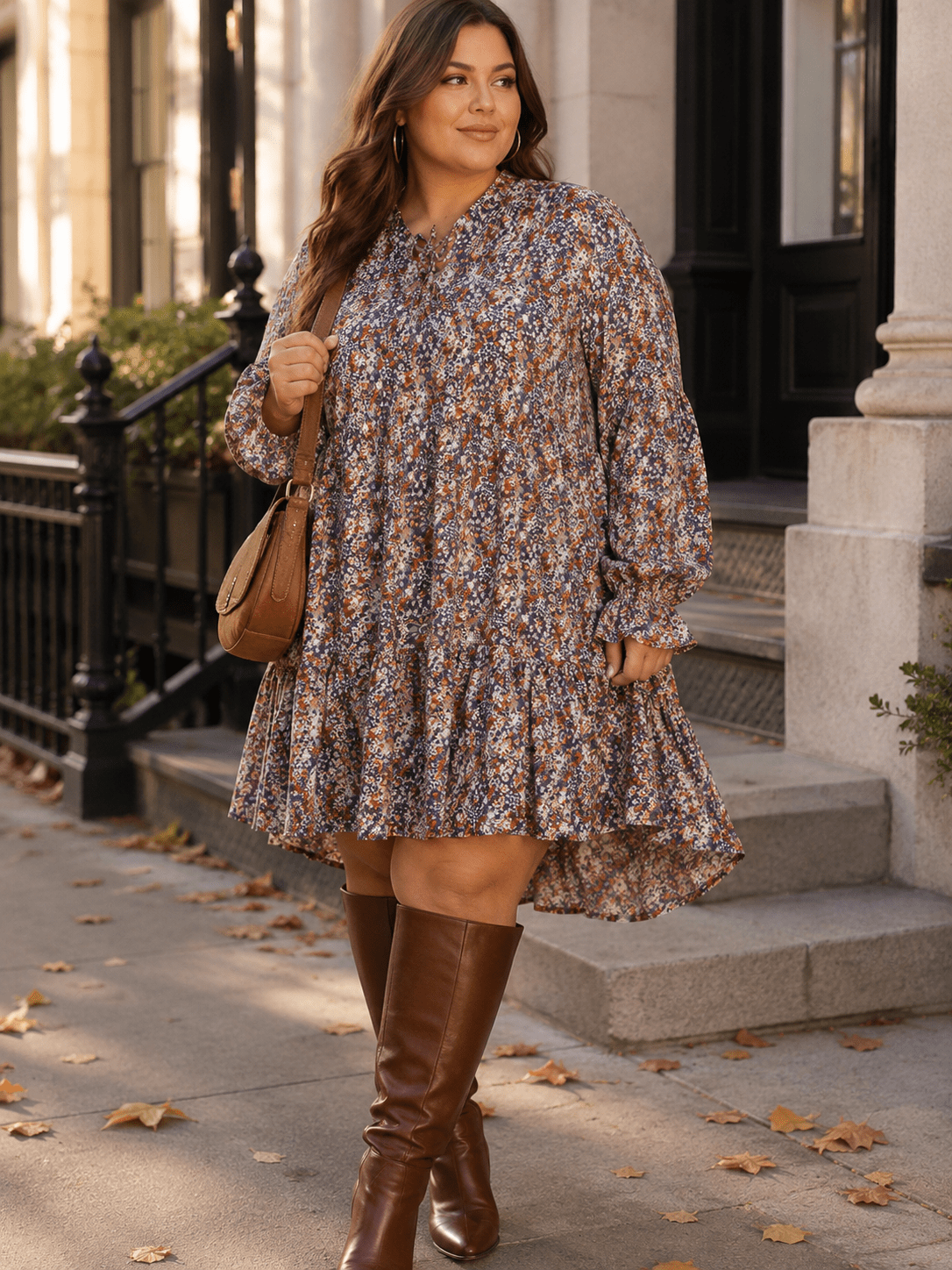 PLUS SIZE LONG SLEEVE FLORAL TIERED LOOSE FIT MINI DRESS
