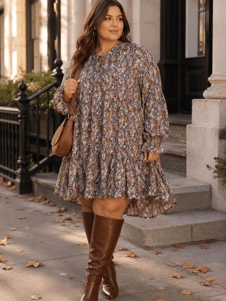 PLUS SIZE LONG SLEEVE FLORAL TIERED LOOSE FIT MINI DRESS