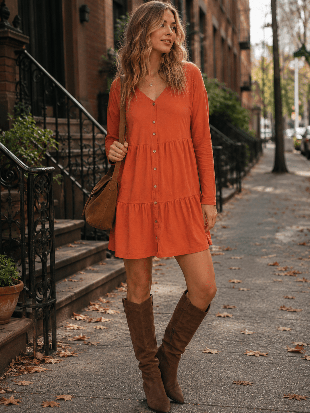 WOMEN'S LONG SLEEVE V-NECK BUTTON UP TIERED MINI DRESS
