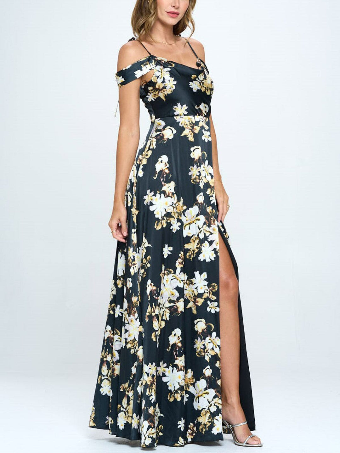 WOMEN'S COLD SHOULDER RUFFLE FLORAL MAXI DRESS
