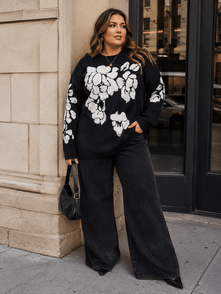 PLUS SIZE LONG SLEEVE FLORAL PRINT PULLOVER SWEATER