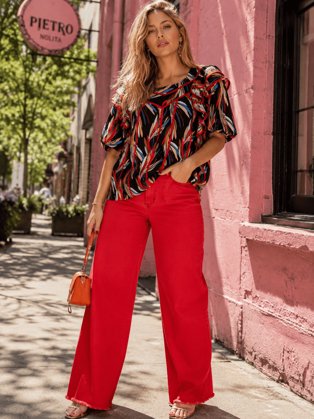 ENTRO WOMEN'S SHORT PUFF SLEEVE RUFFLE MULTI PRINT BLOUSE
