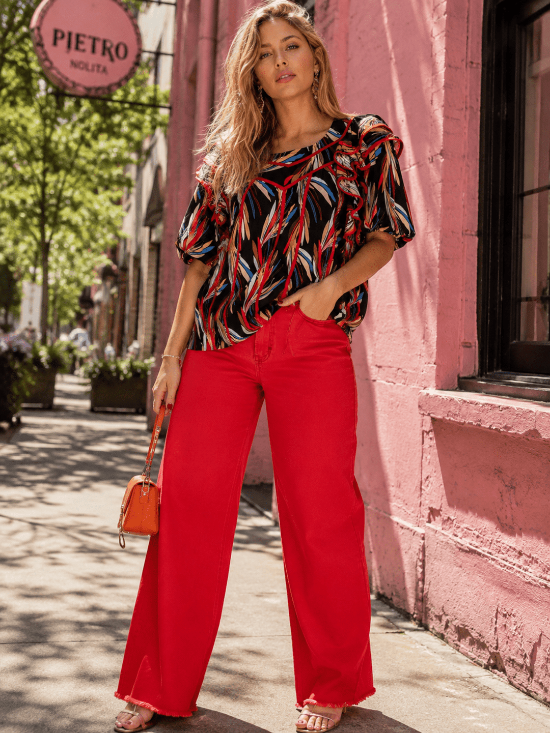 ENTRO WOMEN'S SHORT PUFF SLEEVE RUFFLE MULTI PRINT BLOUSE