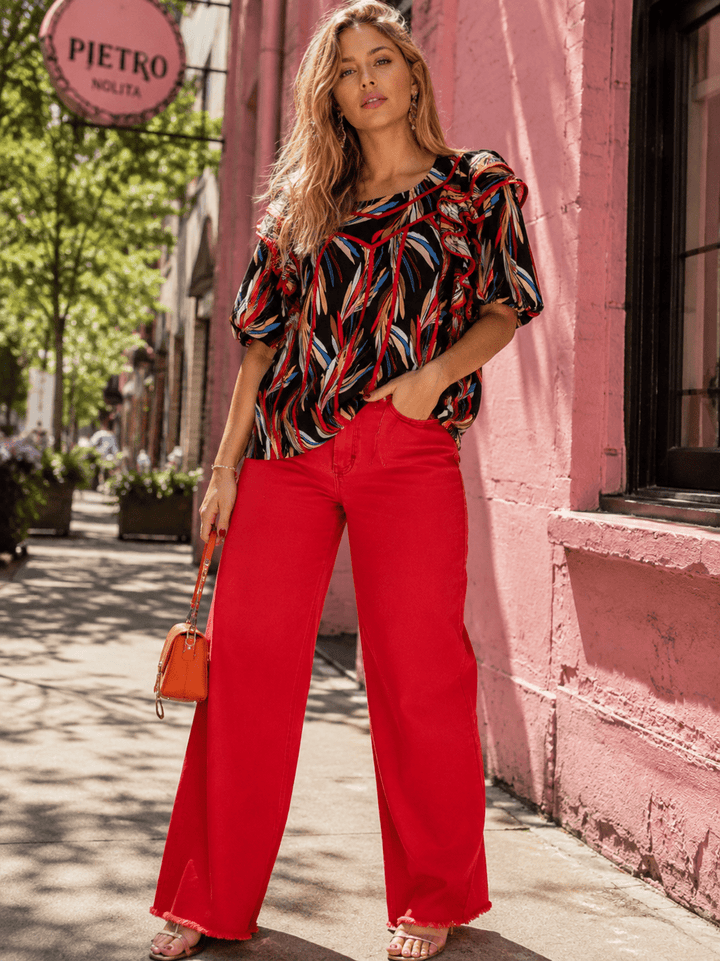 ENTRO WOMEN'S SHORT PUFF SLEEVE RUFFLE MULTI PRINT BLOUSE