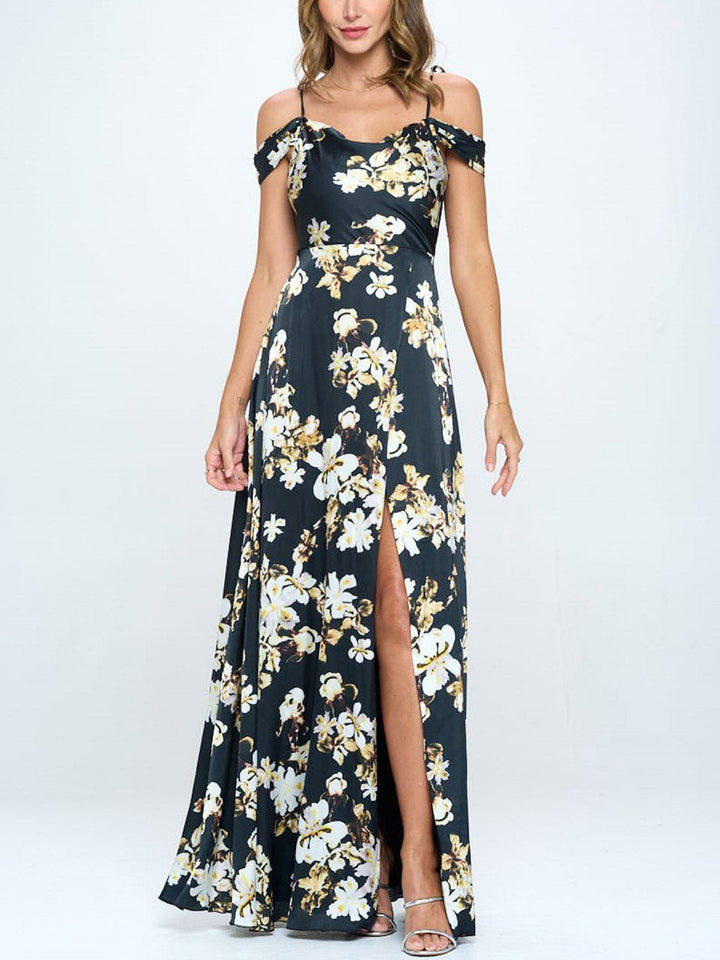 WOMEN'S COLD SHOULDER RUFFLE FLORAL MAXI DRESS