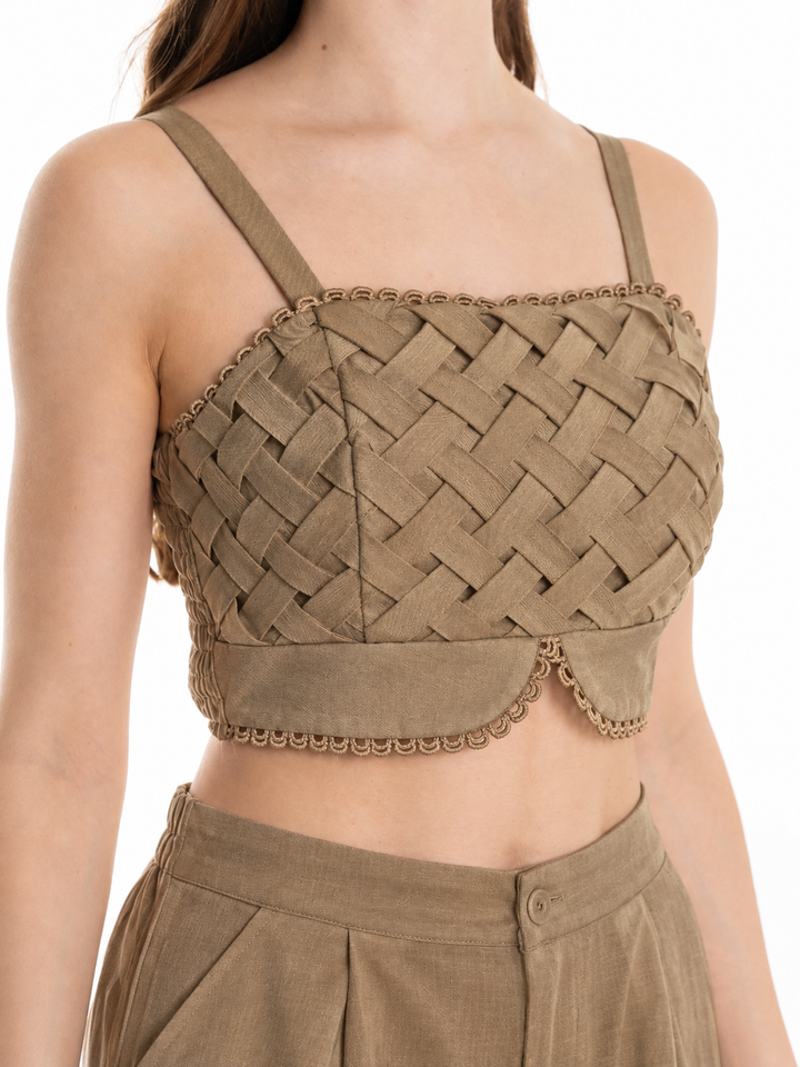 WOMEN'S SLEEVELESS SMOCK CROP TOP & ELASTIC WAIST PANTS DETAILED 2PC. SET