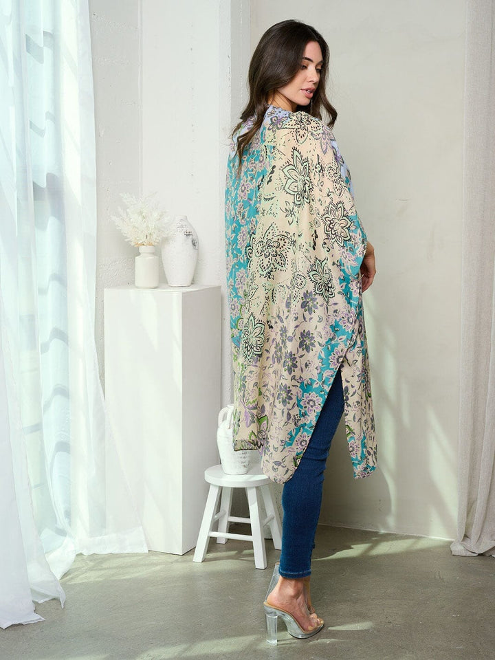 WOMEN'S SHORT SLEEVE OPEN FRONT FLOWERS PRINT KIMONO
