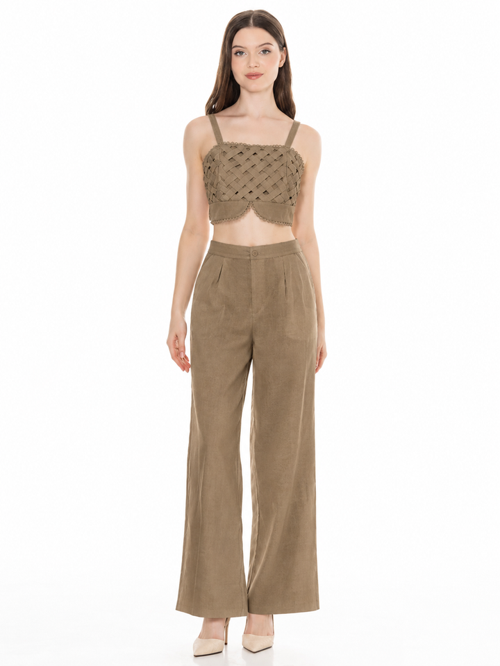 WOMEN'S SLEEVELESS SMOCK CROP TOP & ELASTIC WAIST PANTS DETAILED 2PC. SET