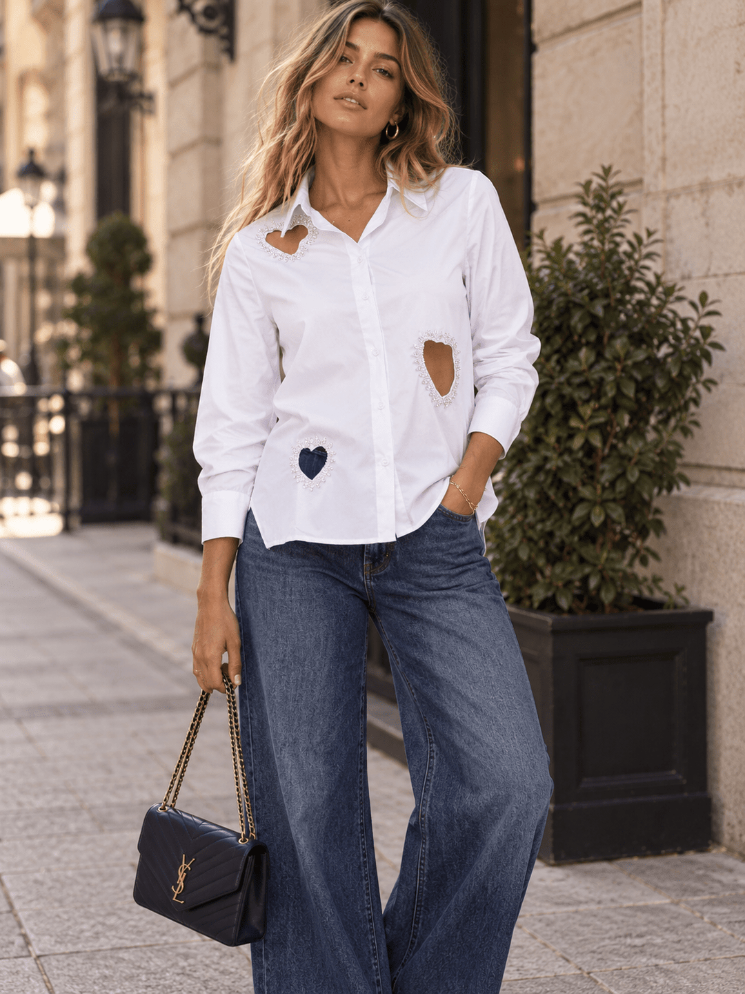 WOMEN'S LONG SLEEVE BUTTON UP STUDS HEARTS DETAILED BLOUSE