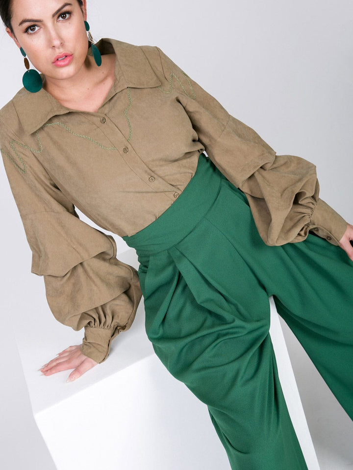 WOMEN'S LONG PUFF SLEEVE BUTTON CLOSURE TRIM DETAILED BLOUSE