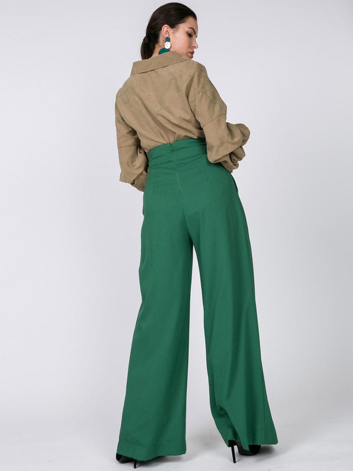 WOMEN'S LONG PUFF SLEEVE BUTTON CLOSURE TRIM DETAILED BLOUSE