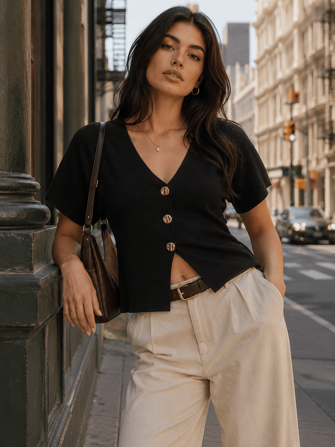 WOMEN'S SHORT SLEEVE V-NECK BUTTON UP RIBBED BLOUSE