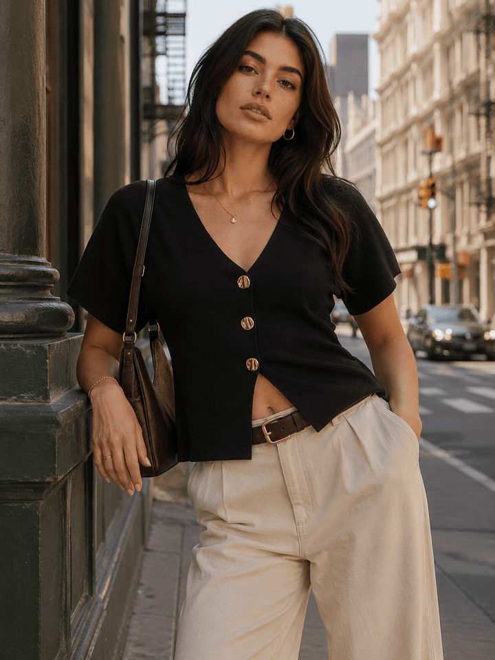 WOMEN'S SHORT SLEEVE V-NECK BUTTON UP RIBBED BLOUSE