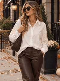 WOMEN'S LONG SLEEVE BUTTON UP EMBROIDERY DETAILED BLOUSE