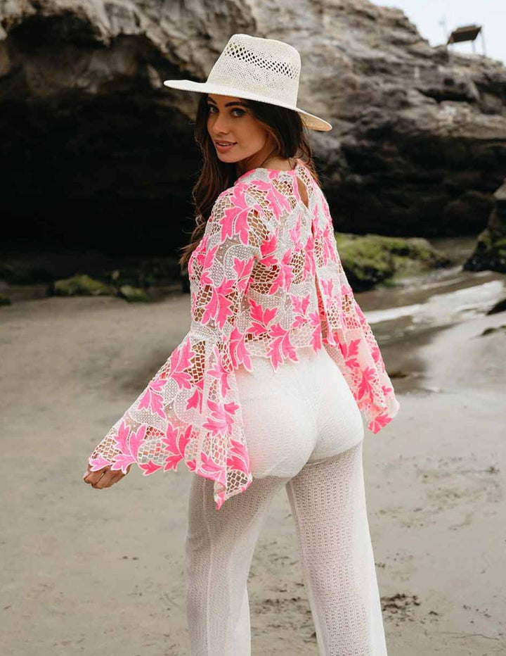 WOMEN'S LONG BELL SLEEVE CROCHET COLORBLOCK TOP