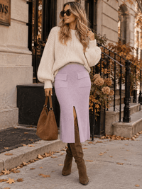 WOMEN'S ELASTIC WAIST FRONT SLIT POCKETS KNIT MAXI SKIRT