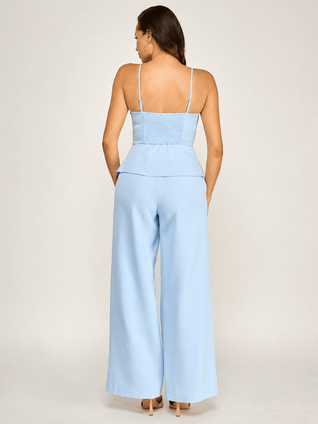 WOMEN'S SLEEVELESS V-NECK PEPLUM TOP & ZIP UP POCKETS WIDE LEG PANTS 2PC. SET