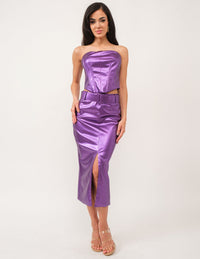 WOMEN'S ZIP UP BELTED METALLIC MIDI SKIRT