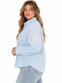 PLUS SIZE LONG SLEEVE BUTTON UP EMBROIDERY DETAILED BLOUSE