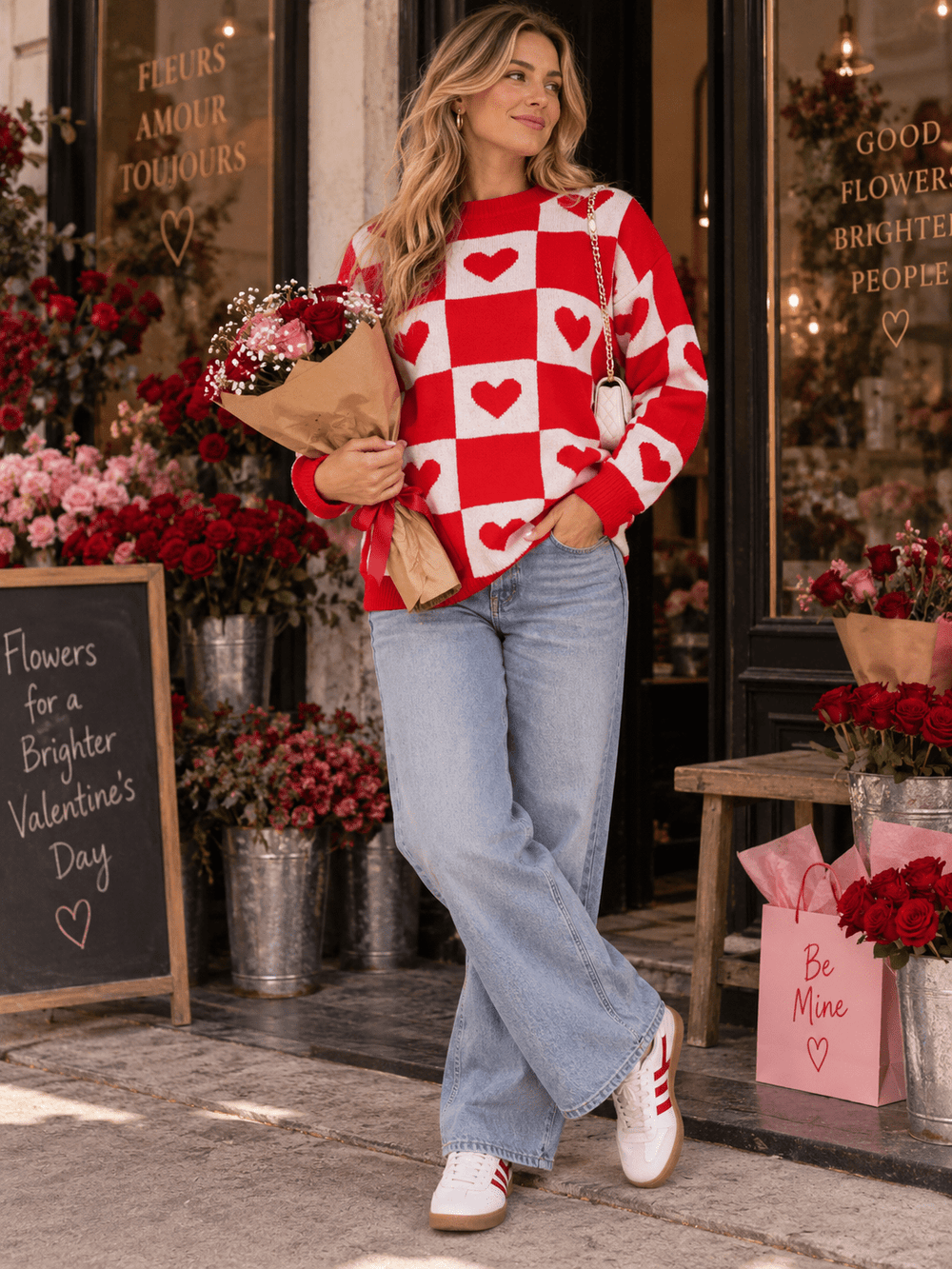 WOMEN'S LONG SLEEVE HEARTS PRINT PULLOVER COLORBLOCK SWEATER