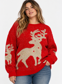 PLUS SIZE LONG SLEEVE HOLIDAY PRINT SHIMMER PULLOVER SWEATER