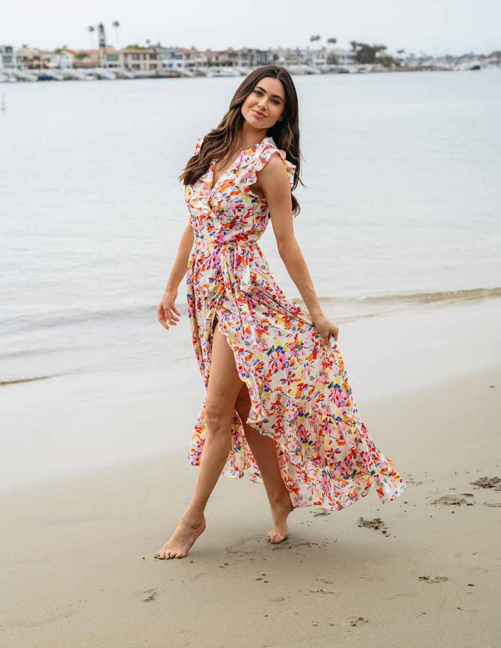 WOMEN'S SLEEVELESS RUFFLE WRAP FLORAL MAXI DRESS
