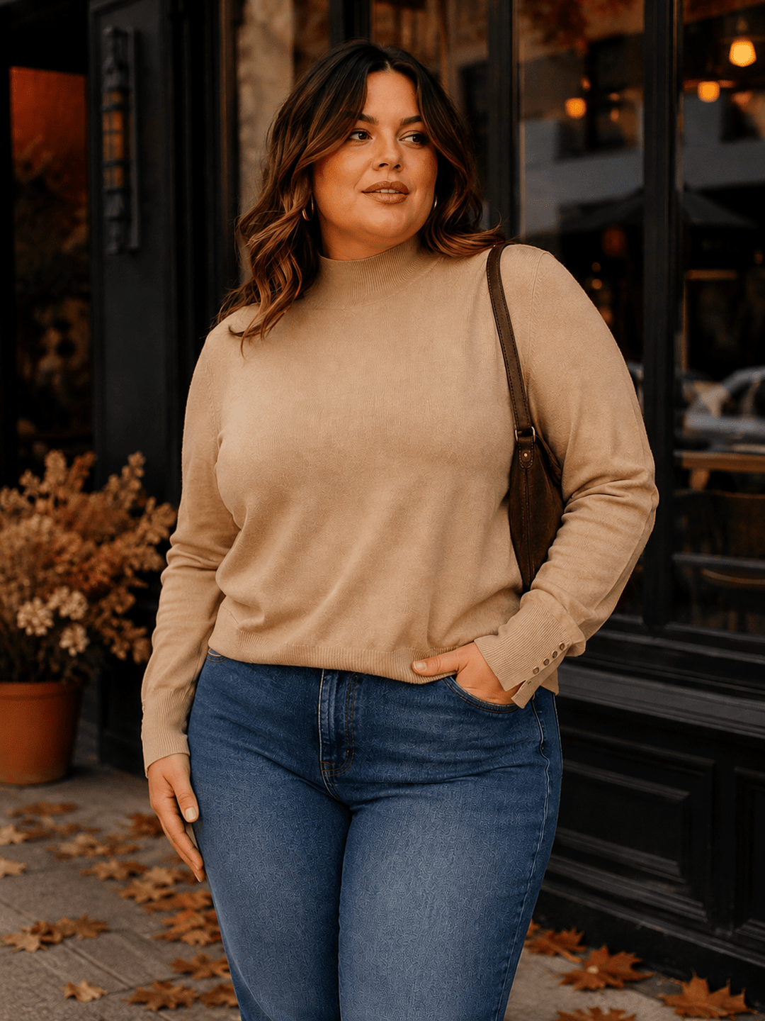 PLUS SIZE LONG SLEEVE DETAILED MOCK NECK PULLOVER SWEATER