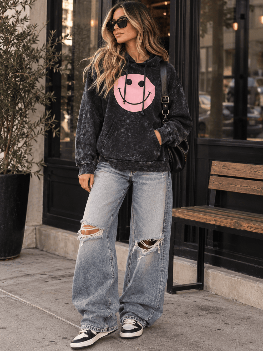 WOMEN'S LONG SLEEVE FRONT POCKETS HOODED WASHED PULLOVER SWEATER