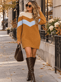 WOMEN'S LONG SLEEVE KNIT COLORBLOCK SWEATER MINI DRESS